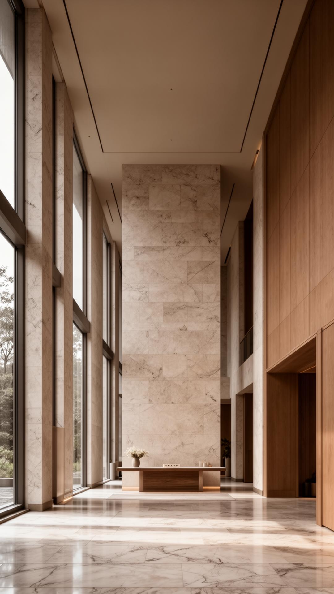Quiet marble lobby with tall windows